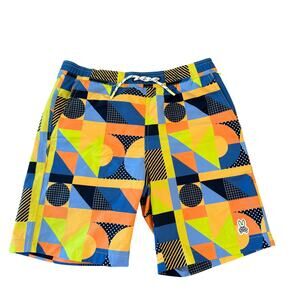 Psycho Bunny Swim Trunks Boys 14 16 Liner Pockets Drawstring Neon Geometric